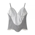 Front flat view silver glitter patchwork herringbone pattern deep V neck spaghetti strap slim corset crop cami top, elegant chic party blouse