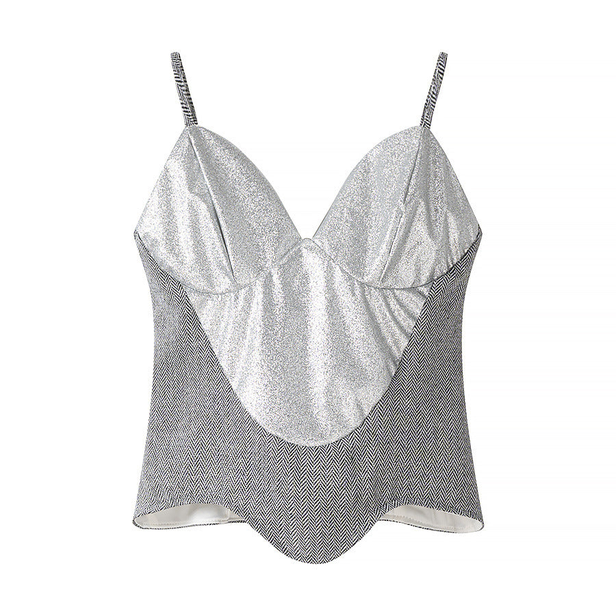 Front flat view silver glitter patchwork herringbone pattern deep V neck spaghetti strap slim corset crop cami top, elegant chic party blouse