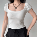 Women white square neck ruffle puff short sleeve ribbed knit crop top, slim fit sweetheart seam casual vintage fitted blouse