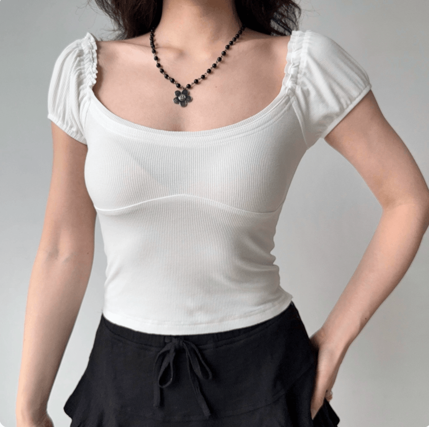 Women white square neck ruffle puff short sleeve ribbed knit crop top, slim fit sweetheart seam casual vintage fitted blouse