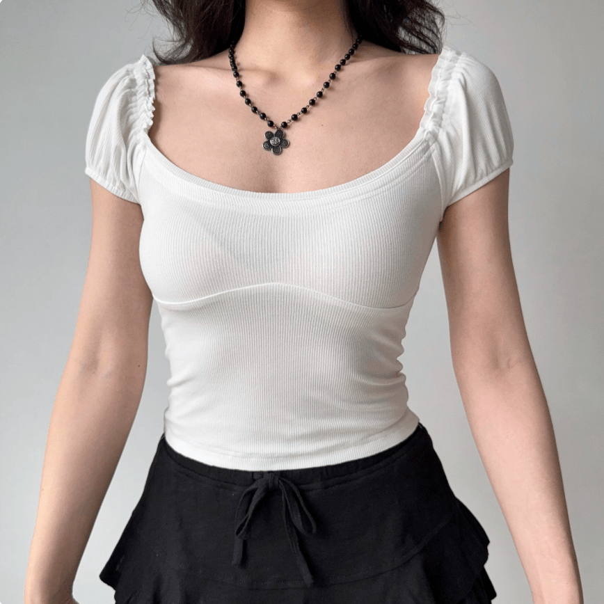 Full front view white square neck ruffle puff short sleeve ribbed crop top, slim fit casual vintage fitted blouse