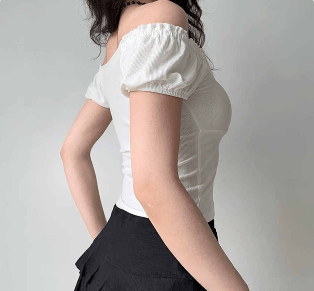 Side back view white off shoulder puff sleeve ribbed crop top, waist ruched slim fit casual vintage short sleeve blouse