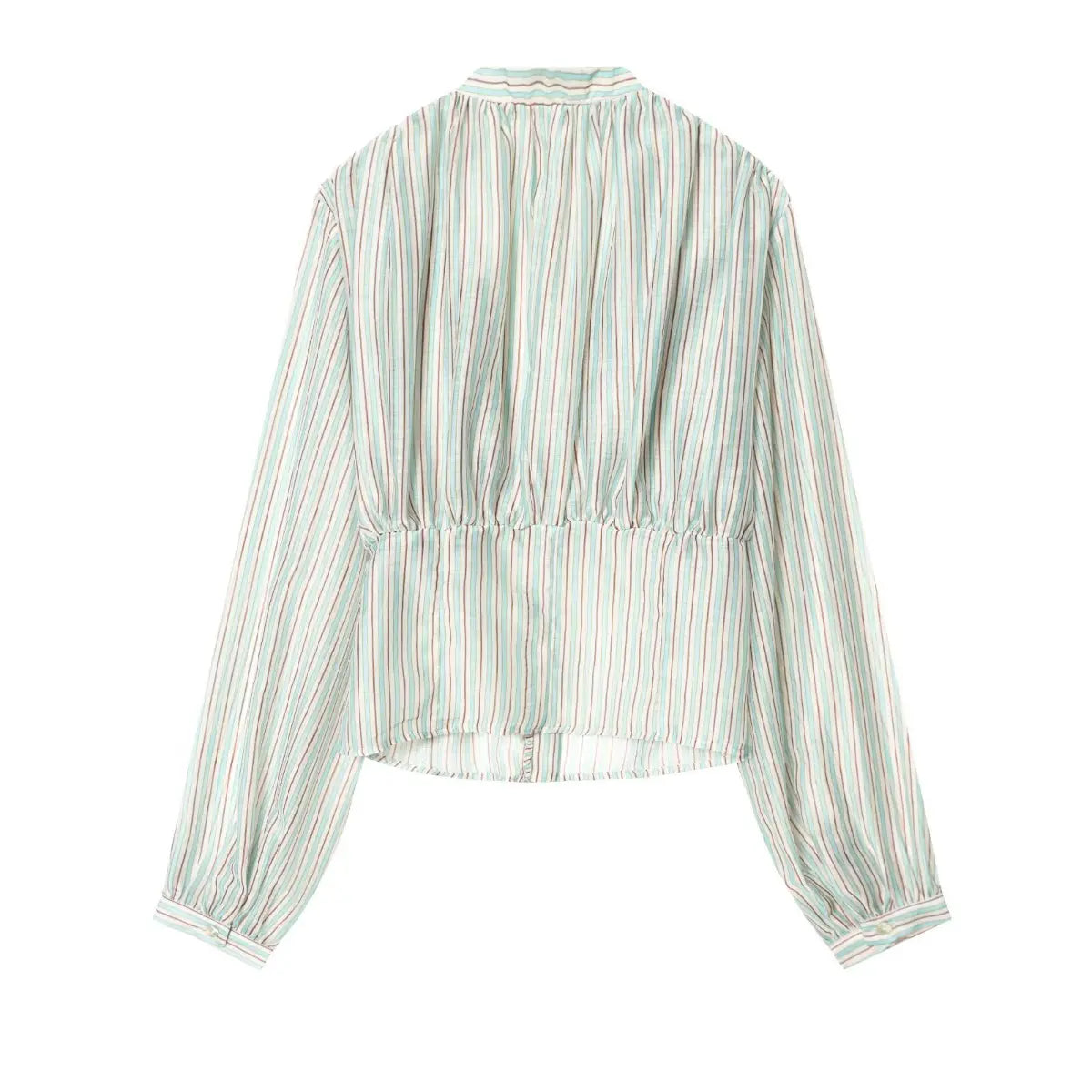 Hanger back view of light striped blouse with gathered waist and cropped hem