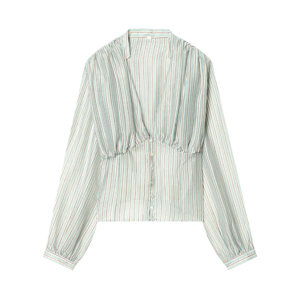 Hanger view of light striped blouse showing V-neck, button placket, and long sleeves