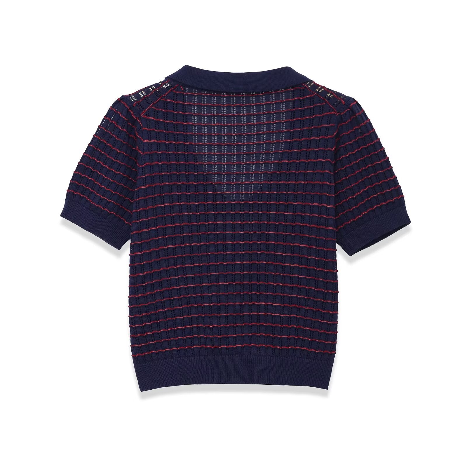 Hanger back view of navy and red striped knit cardigan with a V-shaped open back and fitted cropped hem
