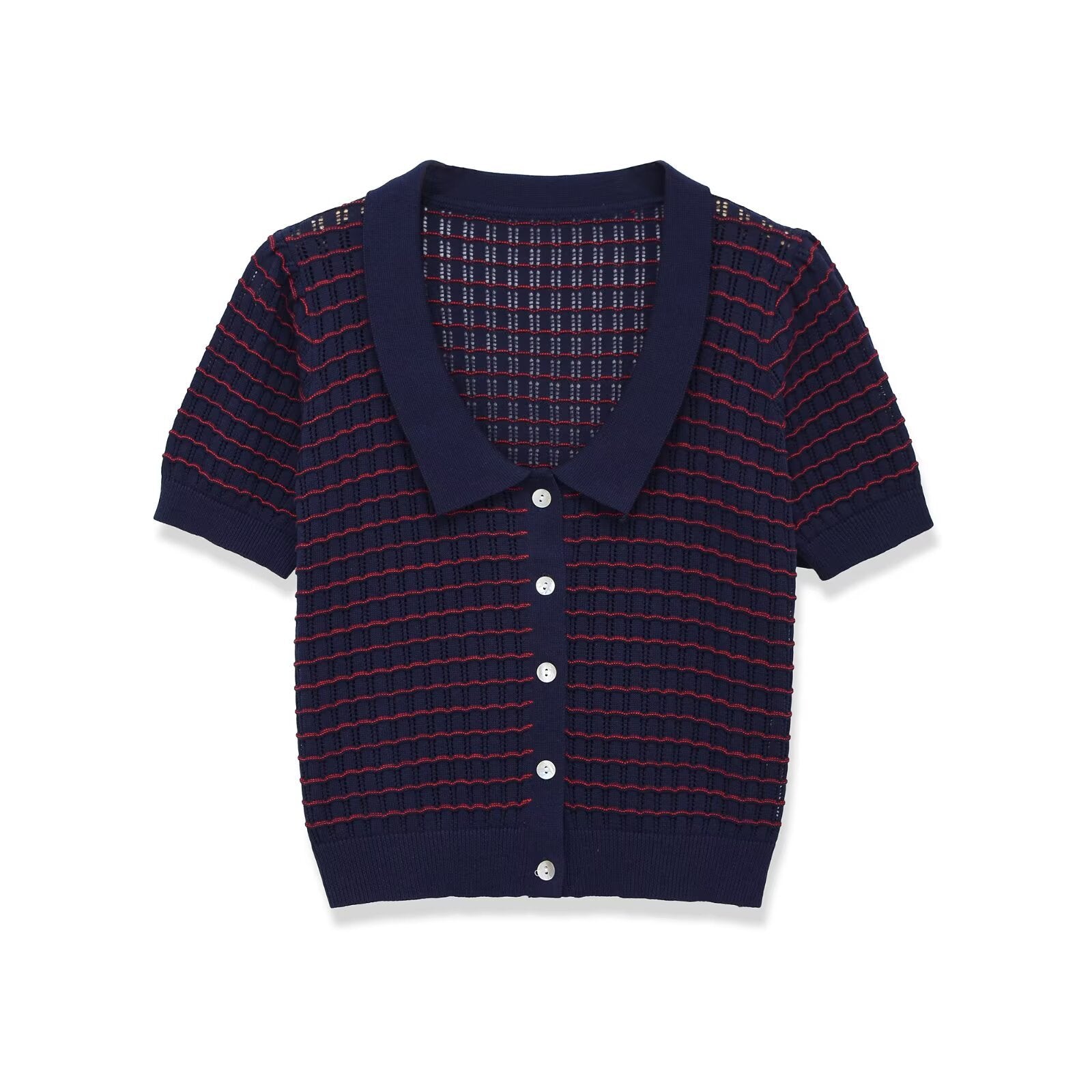 Hanger view of navy and red striped knit cardigan showing the contrast collar, button placket, and textured openwork knit