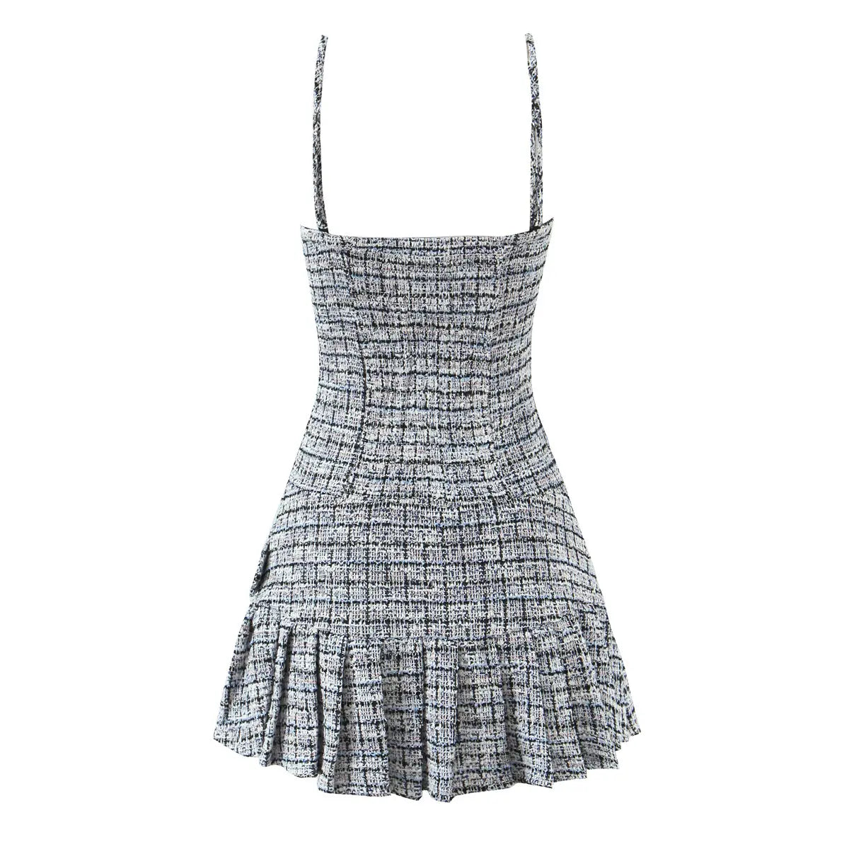 Back view of tweed cami dress with pleated hem