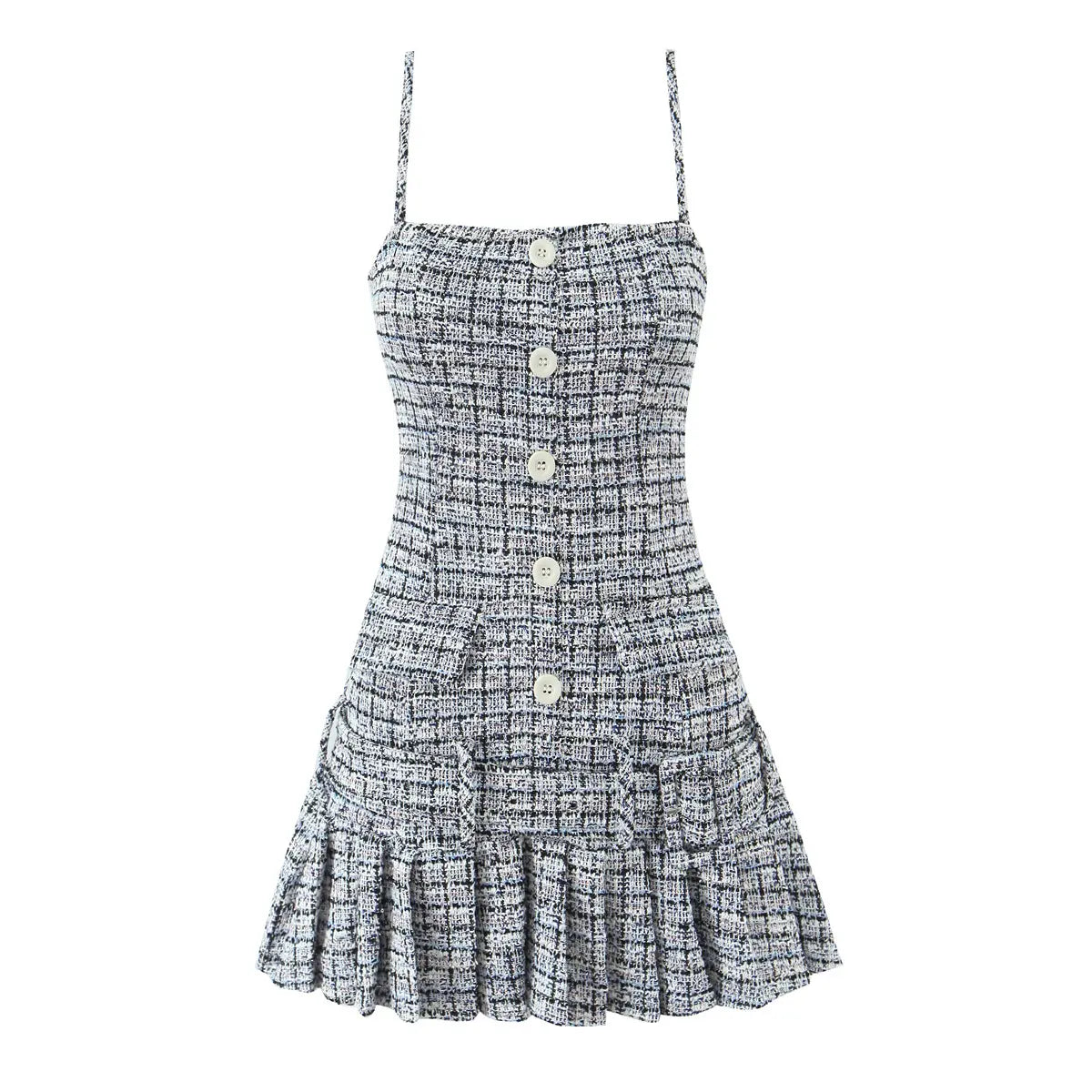 Front view of tweed cami dress with button details and pleated skirt