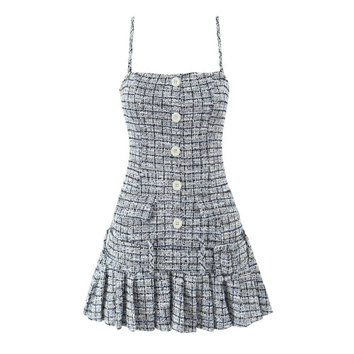 Front view of tweed cami dress with button details and pleated skirt