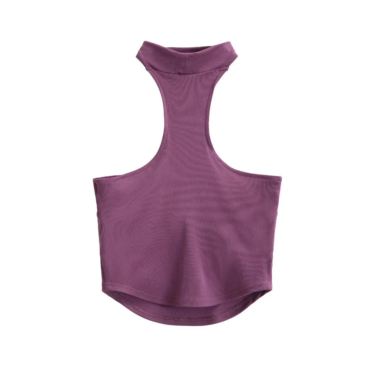Back view of plum twist-front choker-neck strapless tube top with ribbed texture