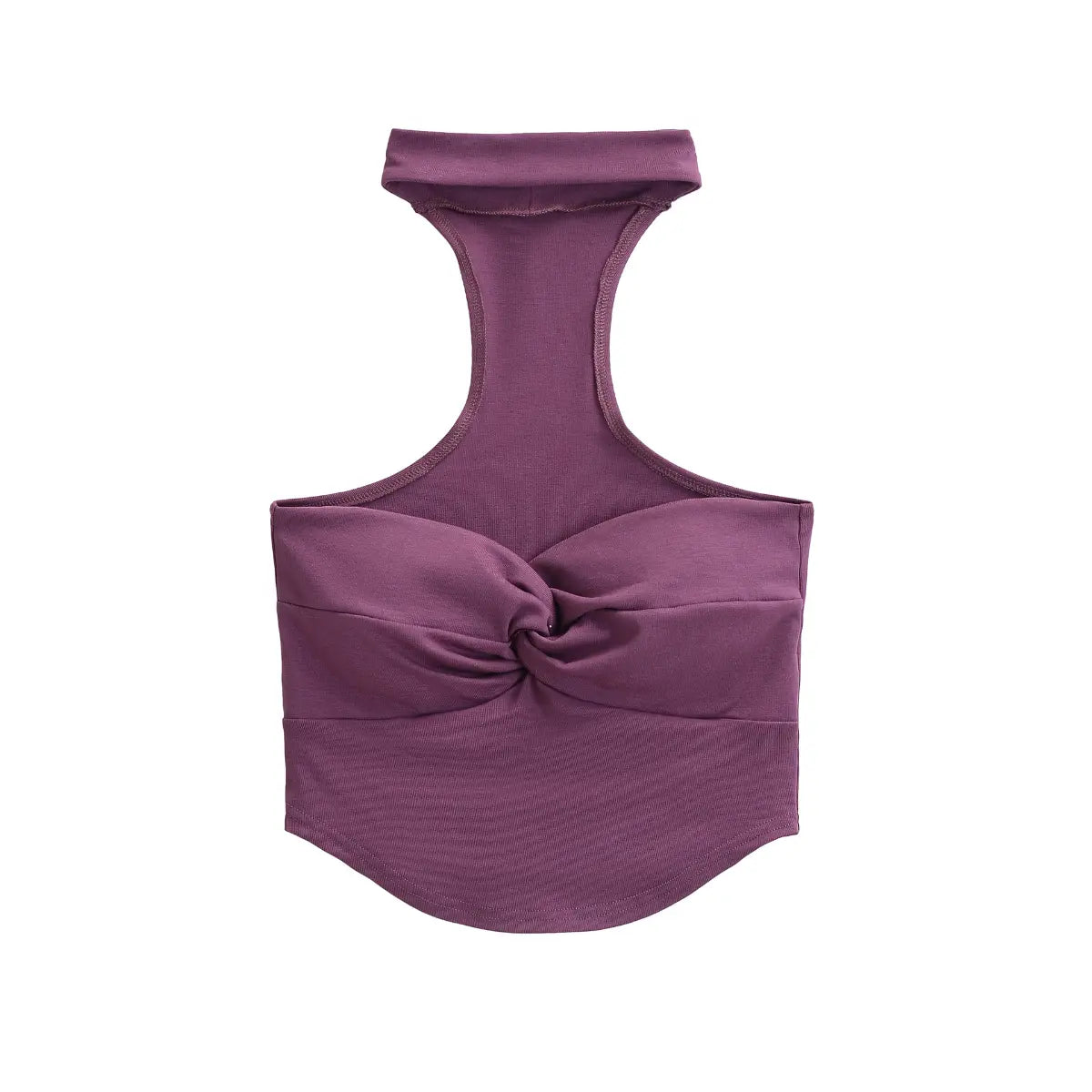 Front view of plum twist-front choker-neck strapless tube top with twisted bust detail