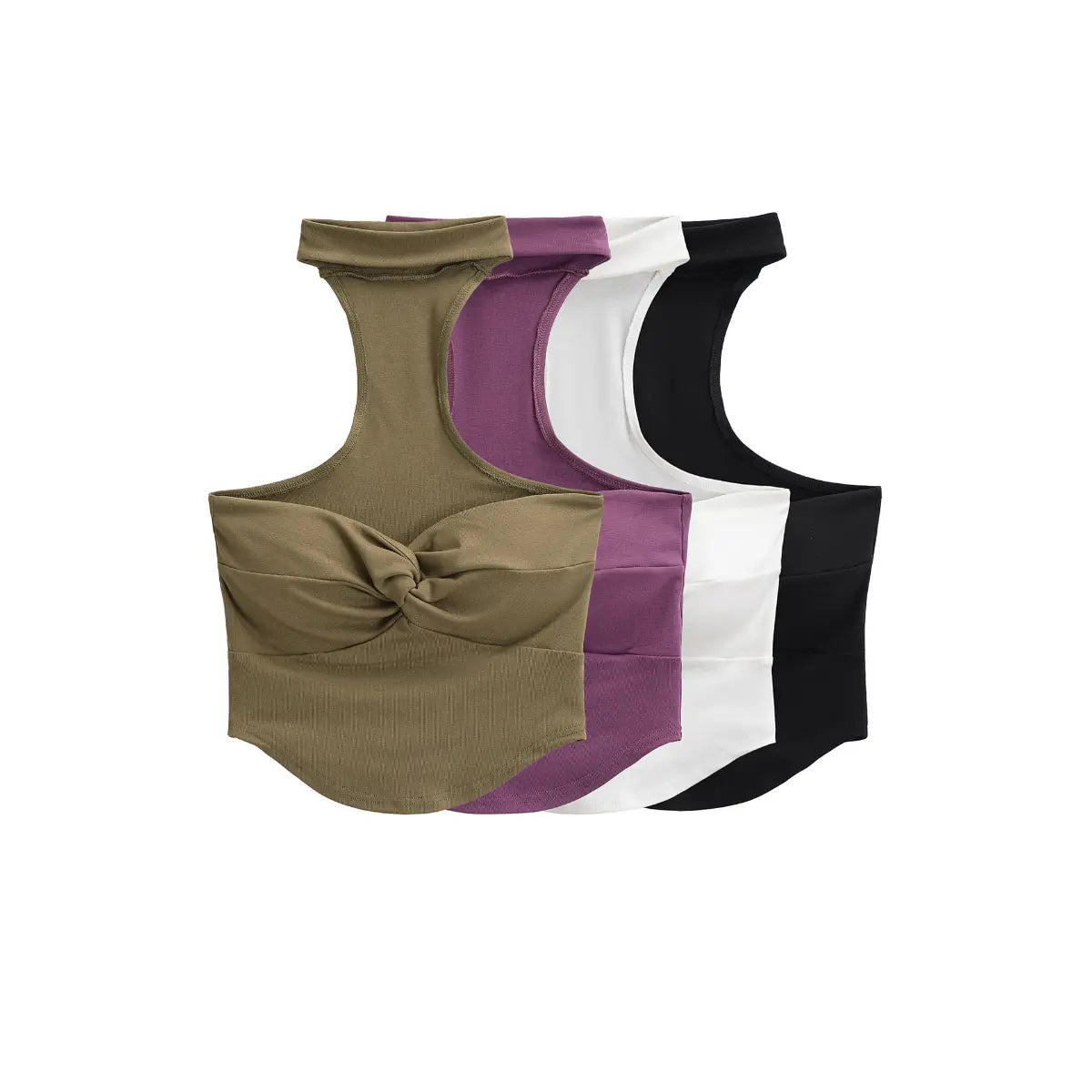 Multi-color view of twist-front choker-neck strapless tube top, available in olive, plum, white and black