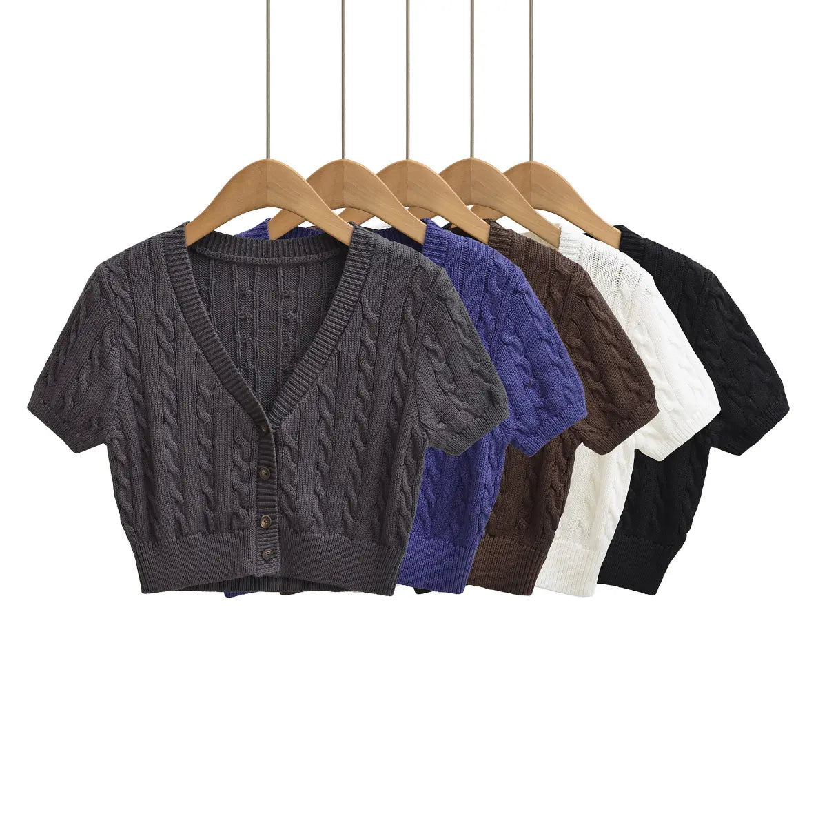 Multi-color view of cable-knit cropped short-sleeve cardigan, available in navy, gray, brown, white and black
