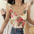  Close front detail shot of rose print cami, chiffon ruffle neckline, center drawstring tie bust gathering