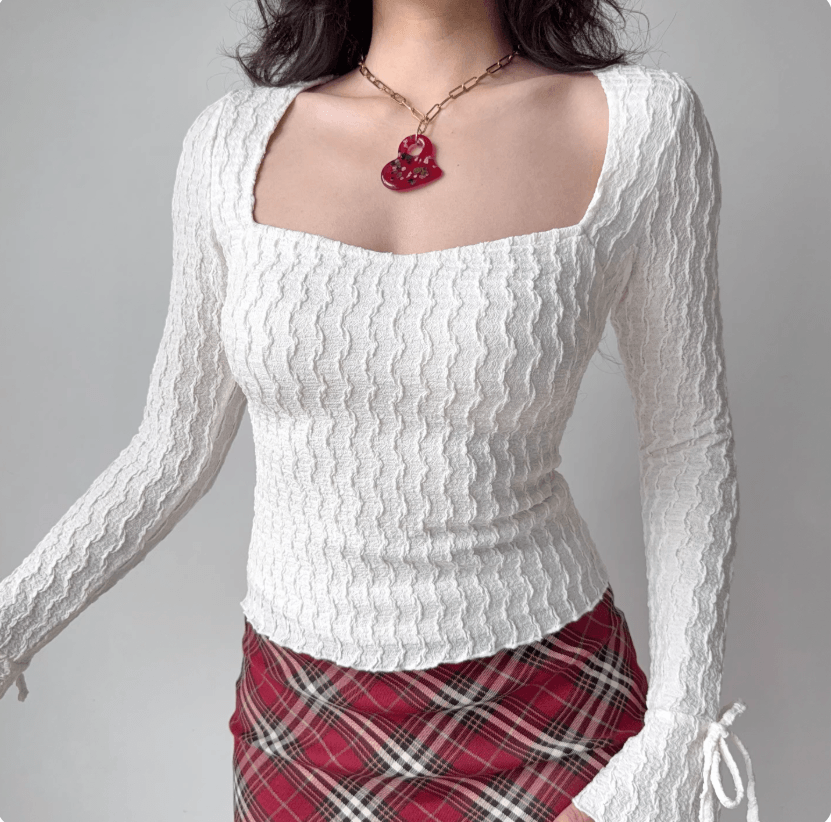 Women white 3D wavy textured square neck thin chest wrap cuff tie flared long sleeve high waist slim fit cropped top, elegant soft sweet casual daily blouse