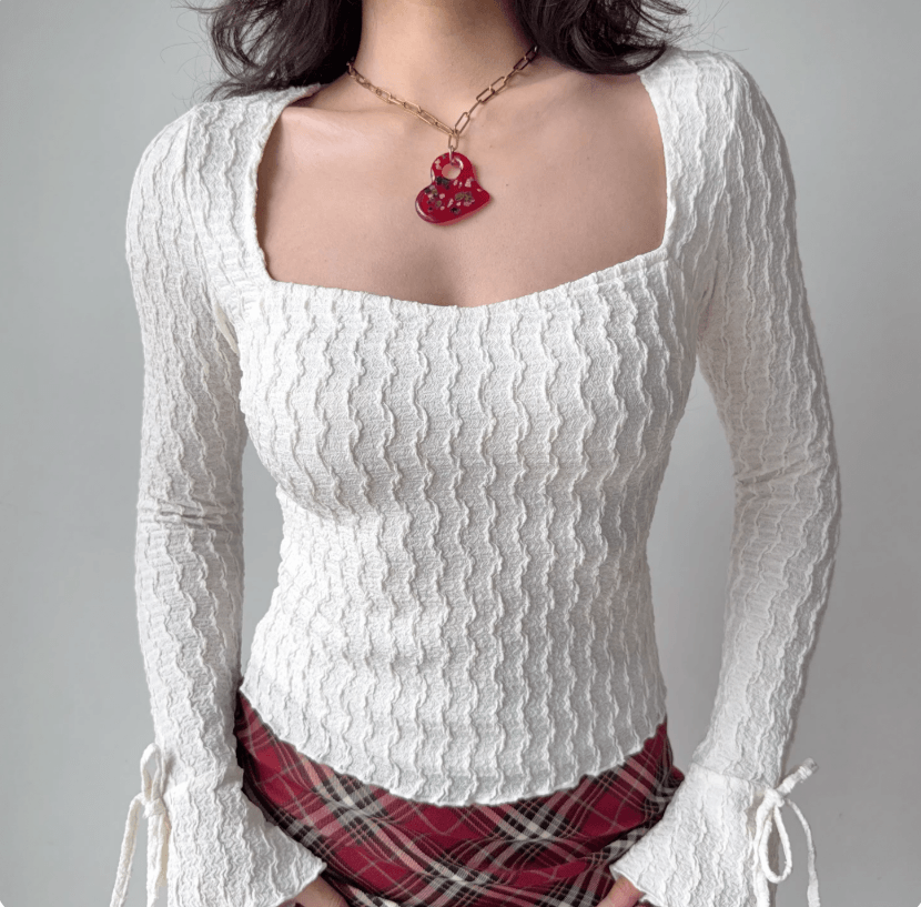 Full front model wear white waffle 3D textured square neck cuff tie bell sleeve high waist slim cropped blouse top, elegant soft sweet daily casual outfit