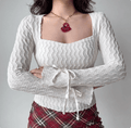 Cross arm front model wear view white textured square neck cuff drawstring tie flared sleeve slim bodycon crop top, elegant soft vintage casual outfit