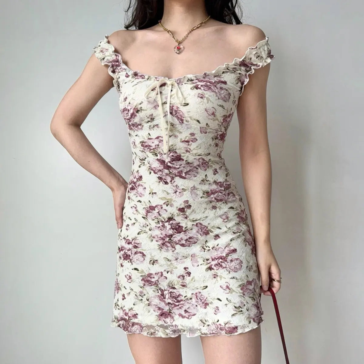 White pink floral cami mini dress with ruffled trim