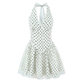White halter mini dress with black polka dots, full front view on white background