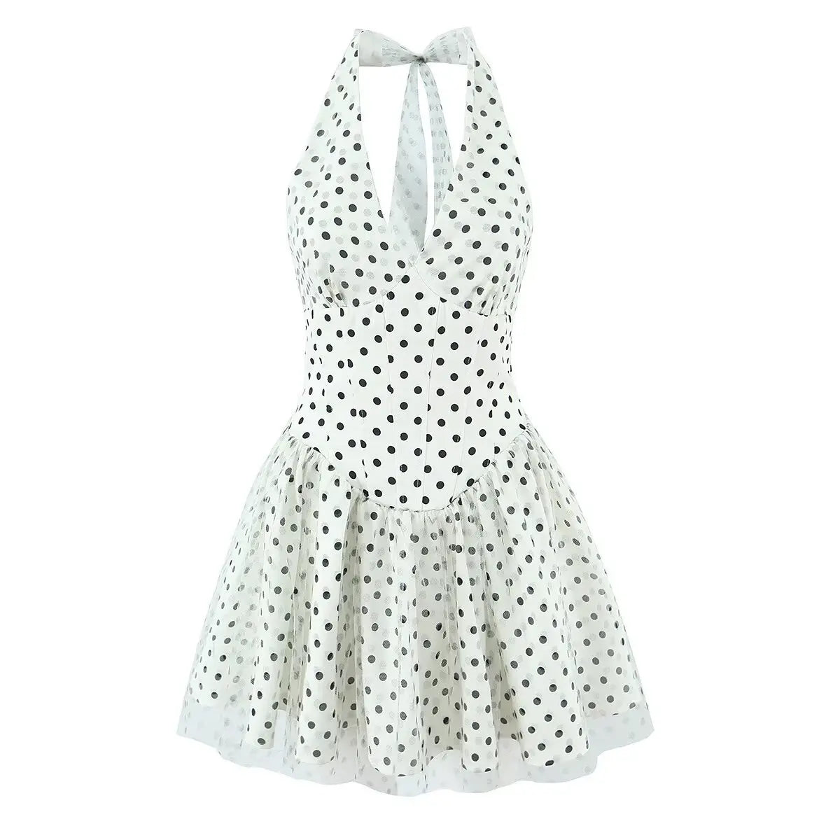White halter mini dress with black polka dots, full front view on white background