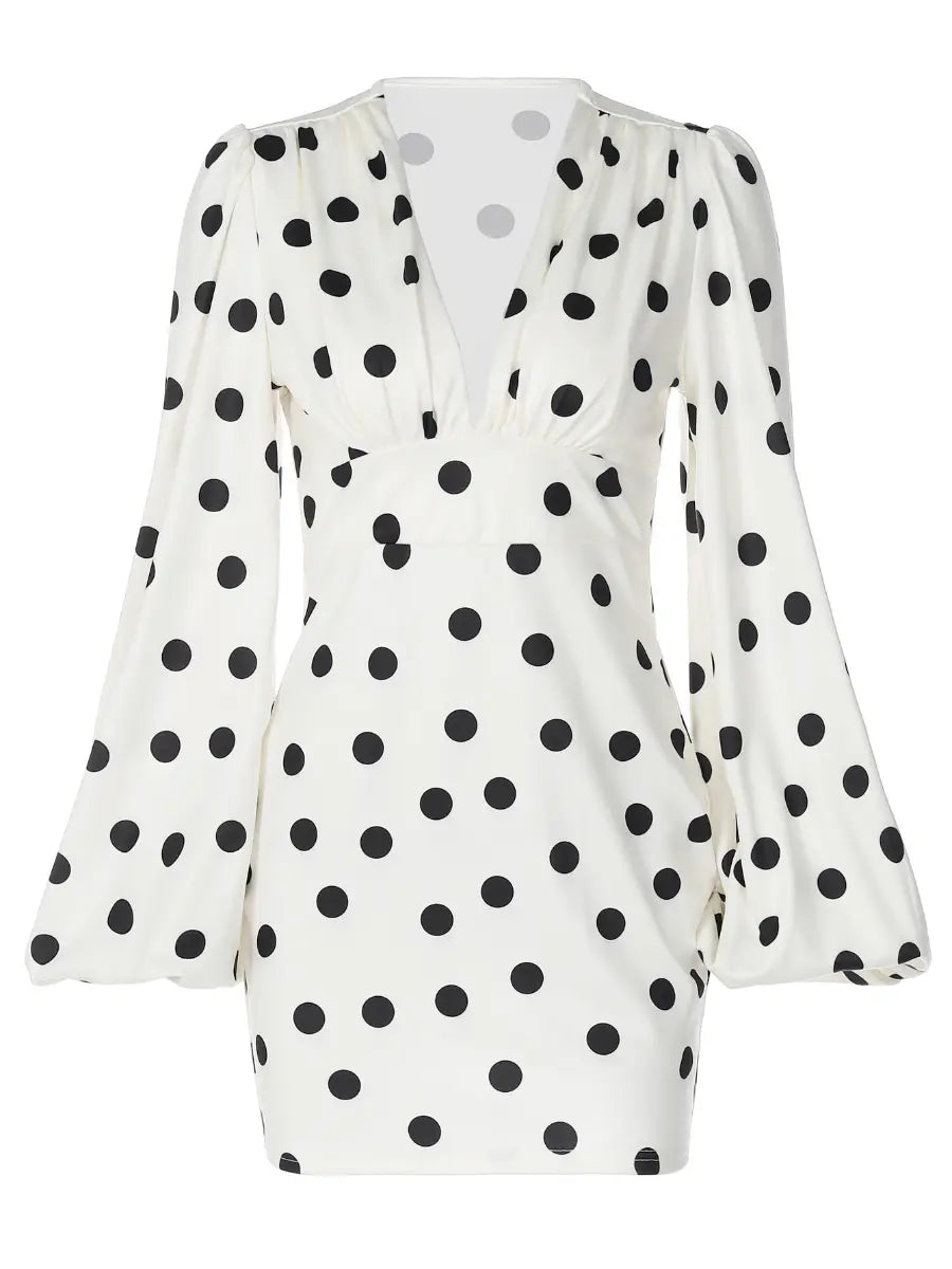 White black polka dot long sleeve mini dress with deep V-neck and puff sleeves