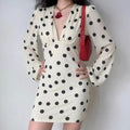 White black polka dot long sleeve mini dress with deep V-neck