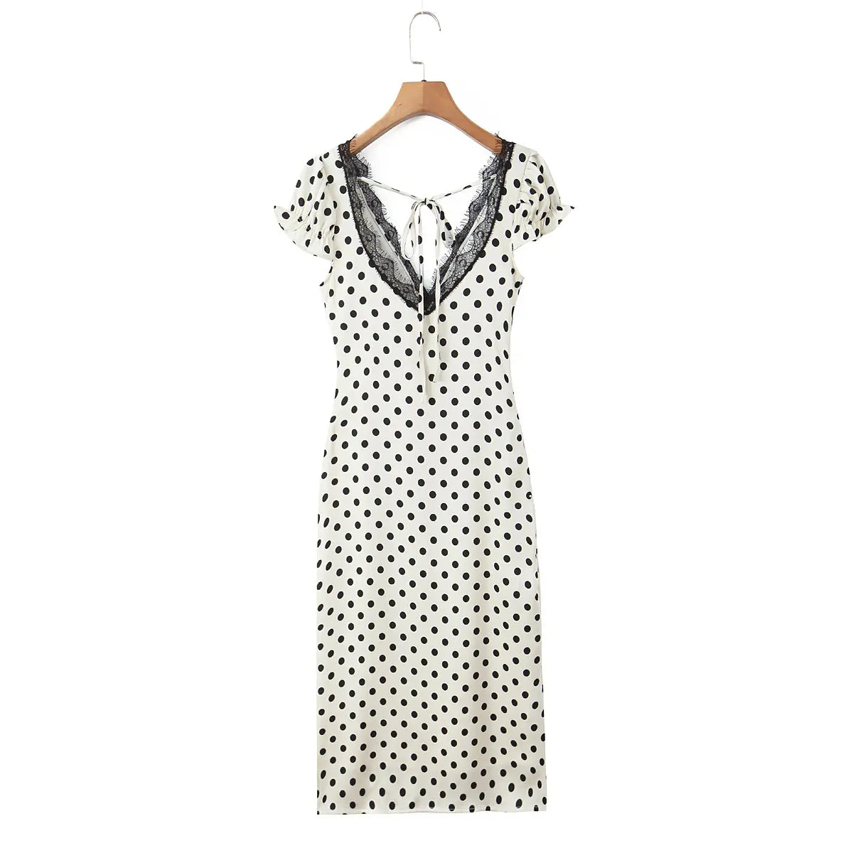 White and black polka dot lace-trim maxi dress, back view on white background