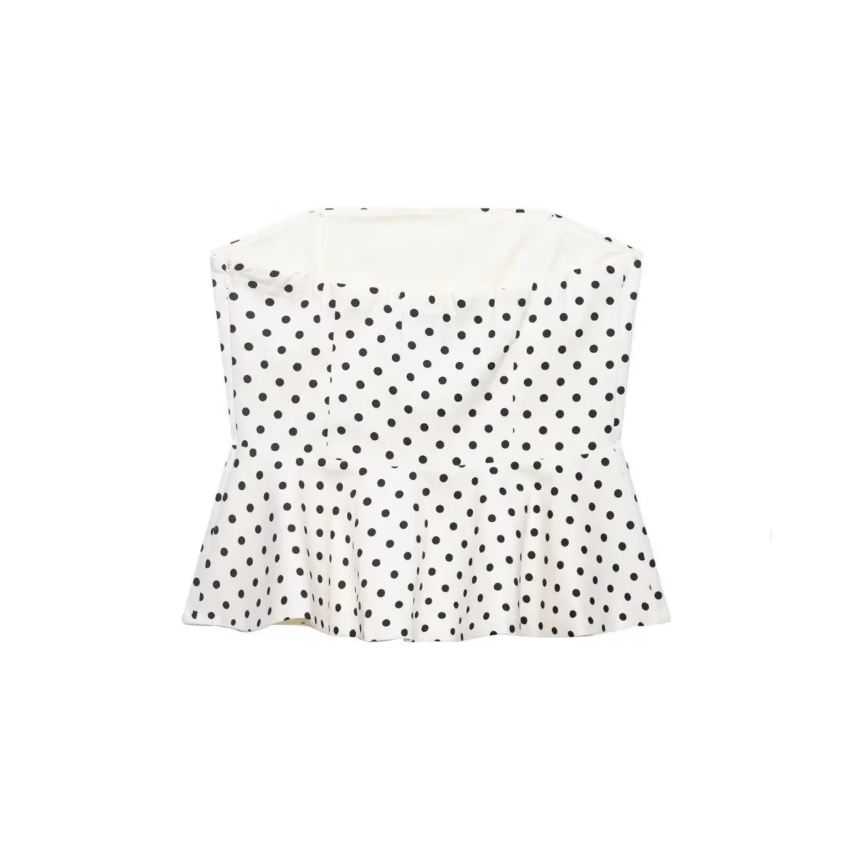 Back view of white black polka dot peplum bandeau tube top