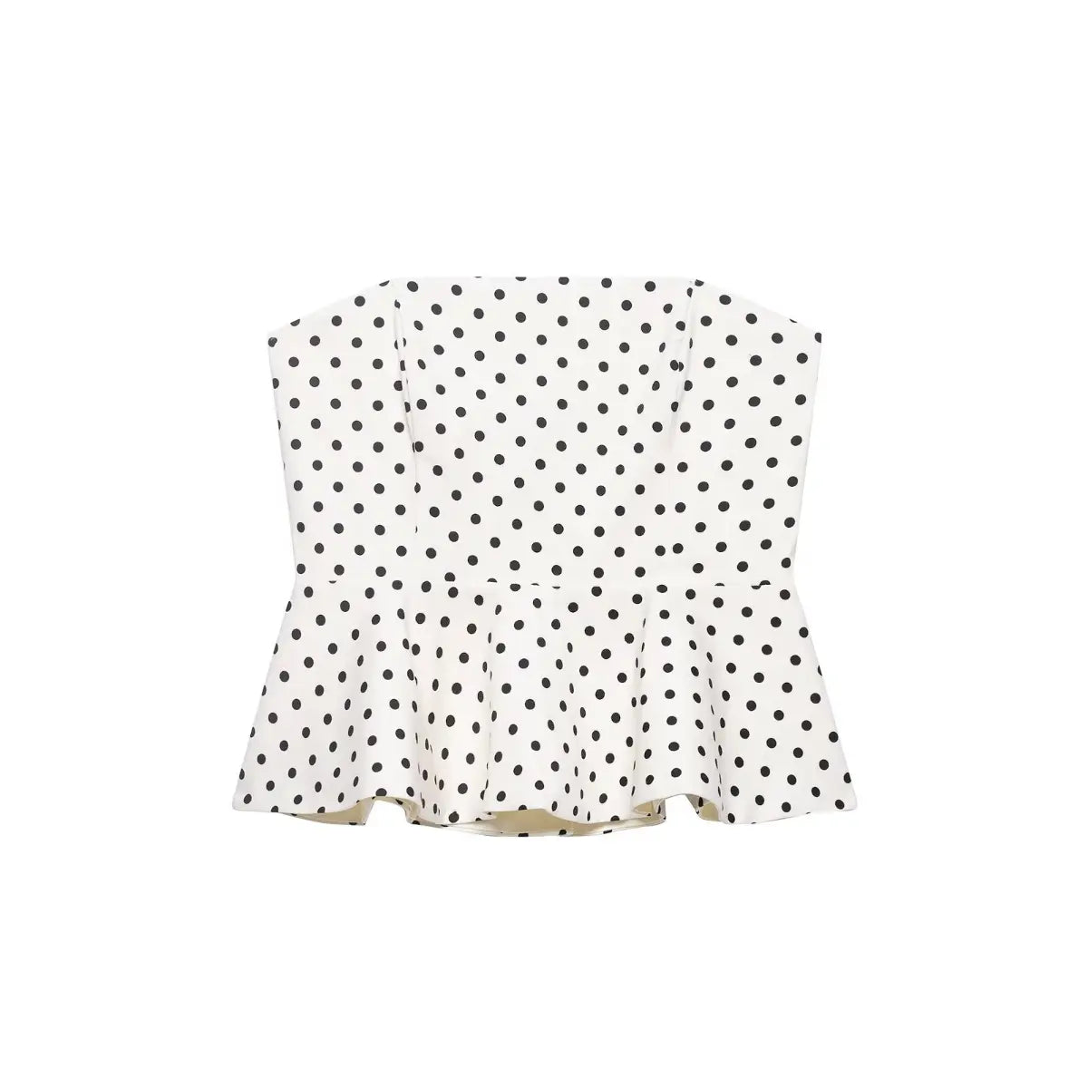 Front view of white black polka dot peplum bandeau tube top with structured silhouette