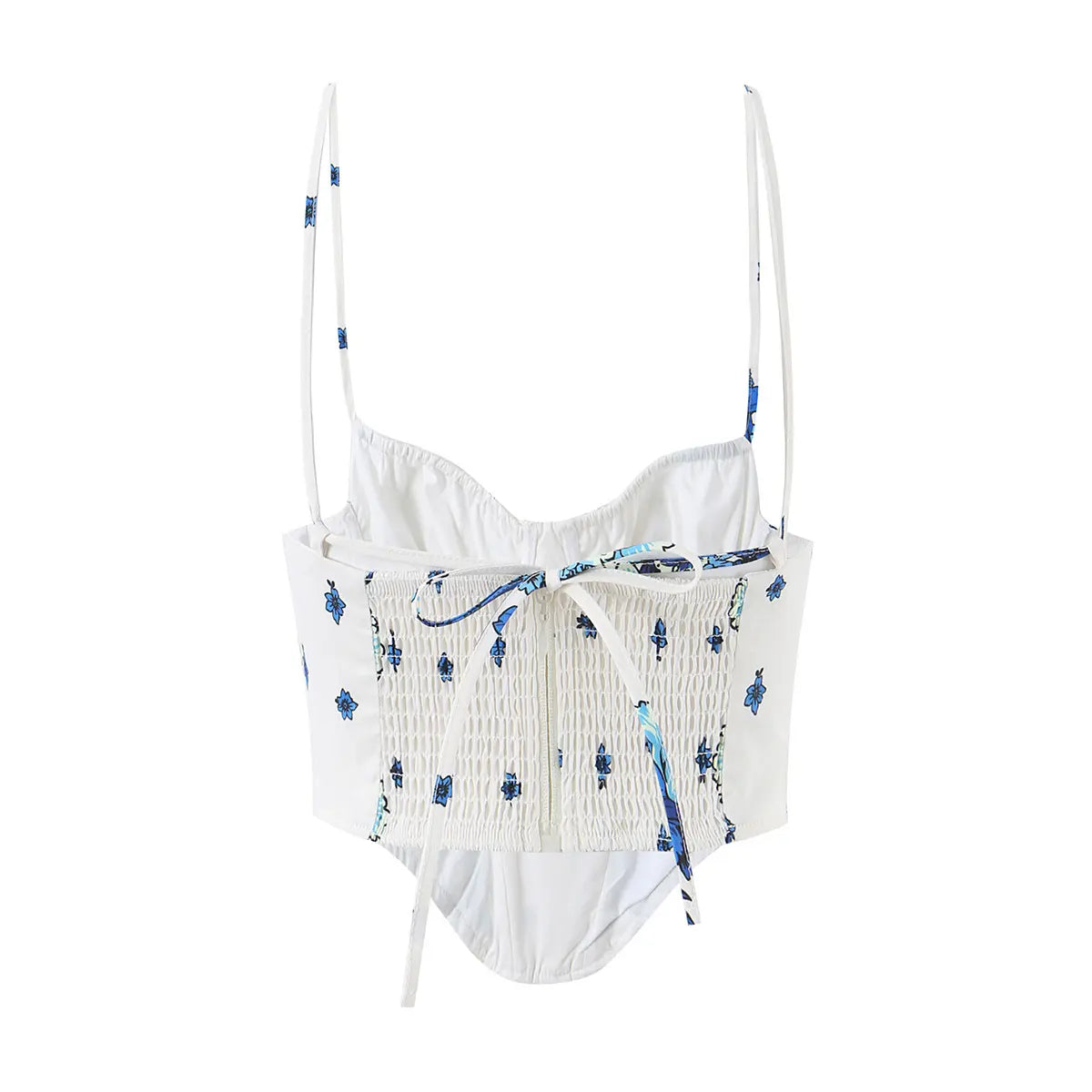 Back view of white and blue floral corset cami top with smocked detail and adjustable straps