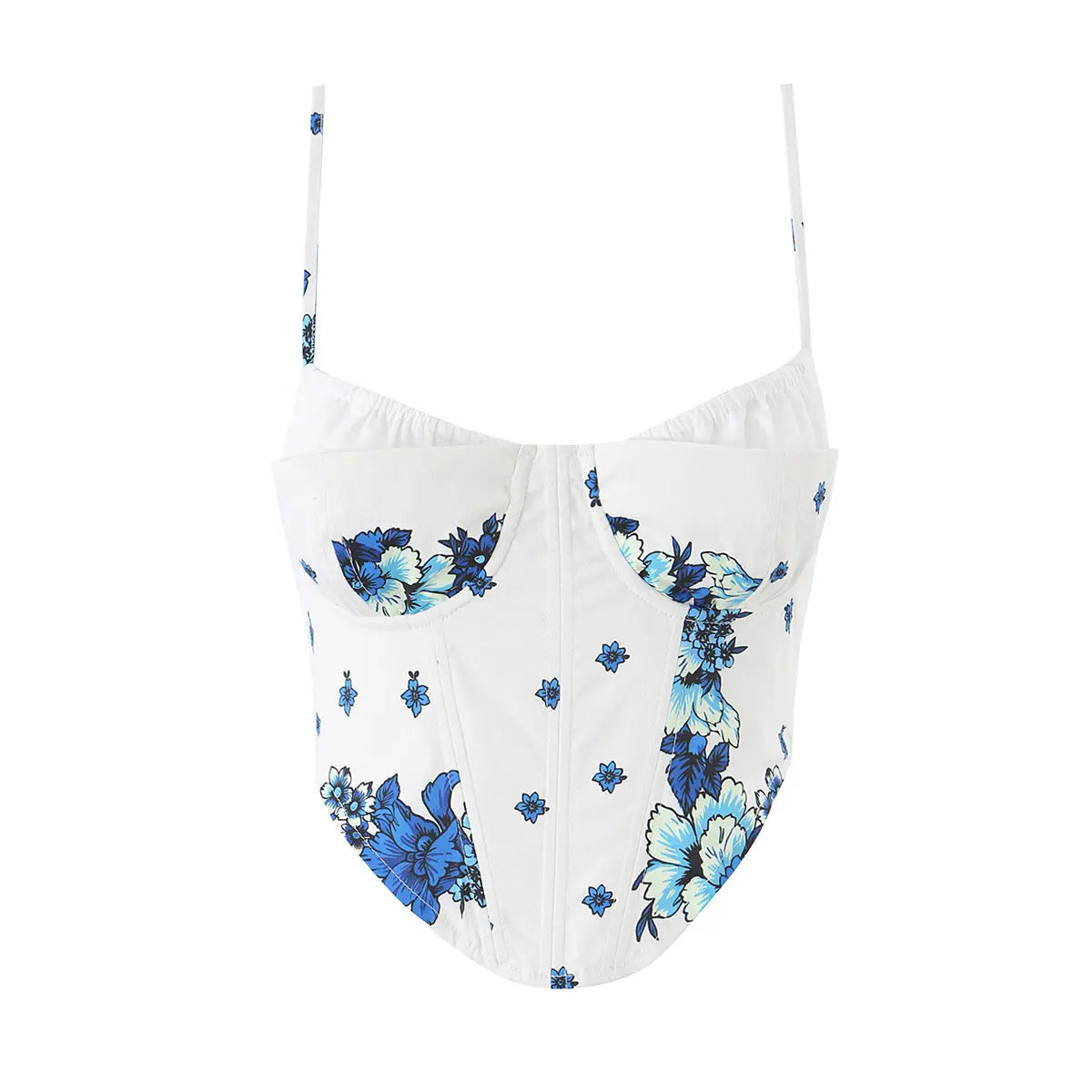 Front view of white and blue floral corset cami top with sweetheart neckline and pointed hem