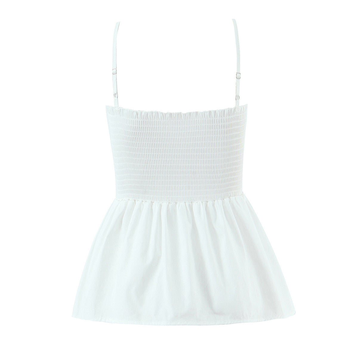 Back flat view white smocked back adjustable strap peplum hem cotton slim fitted cami tank top, elegant romantic casual blouse