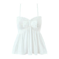 Women white bow front smocked bust peplum hem 100% cotton adjustable strap highly elastic cami tank top, elegant romantic casual blouse