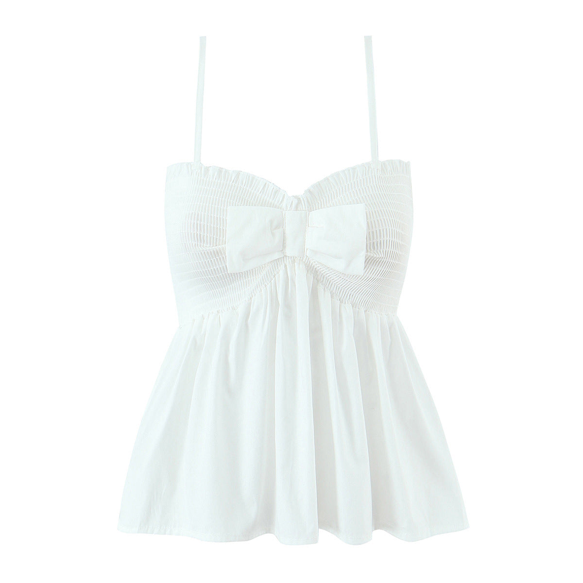 Women white bow front smocked bust peplum hem 100% cotton adjustable strap highly elastic cami tank top, elegant romantic casual blouse