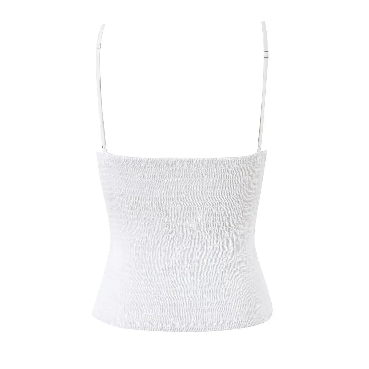 White cami corset top, back view on hanger