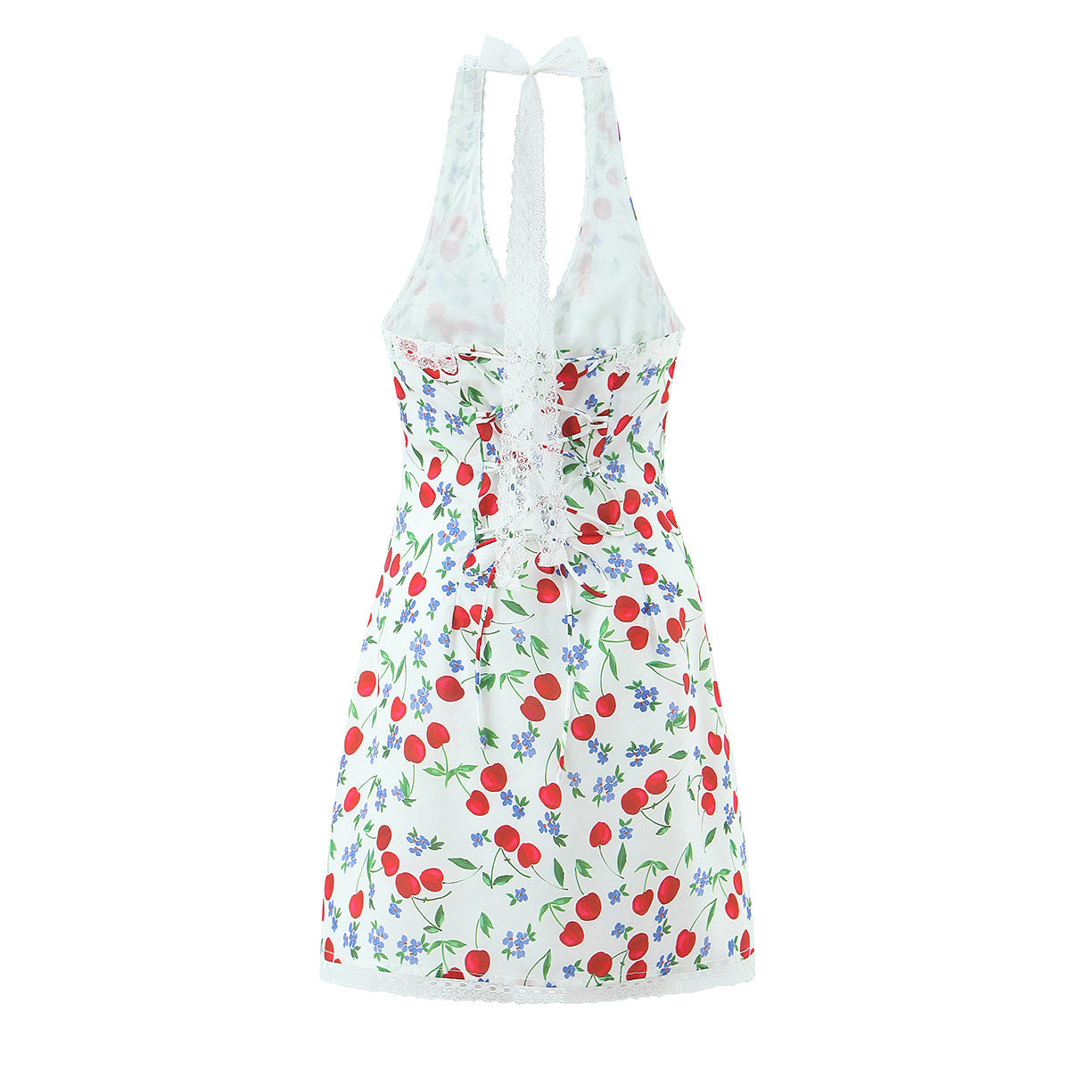 Back flat view white cherry floral print halter neck lace trim bodycon mini dress, women summer casual outfit