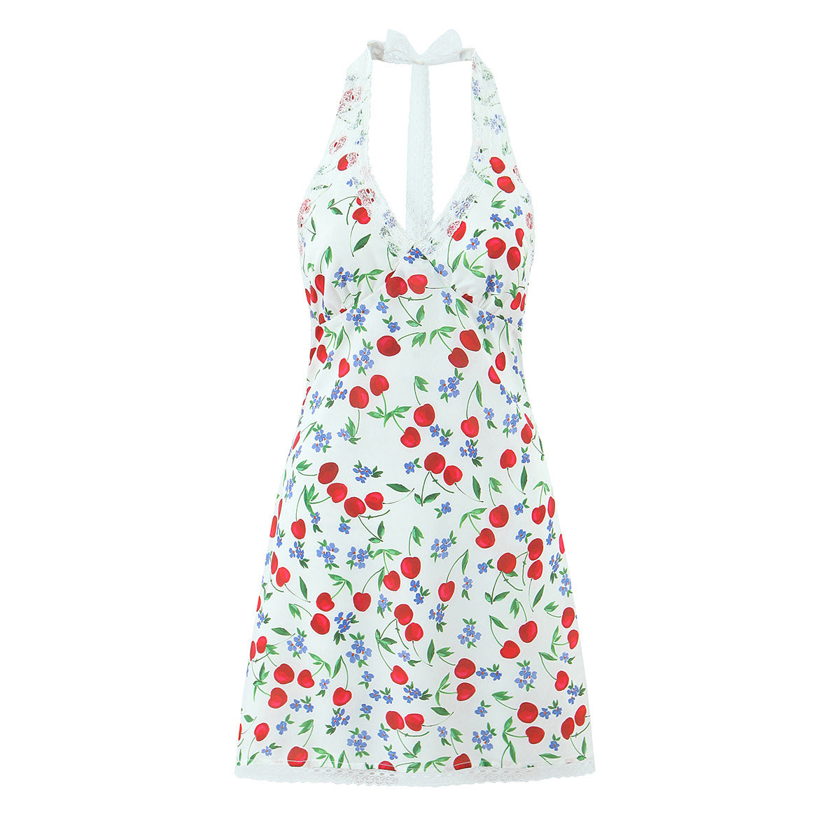 Front flat view white cherry floral print halter v-neck lace trim a-line mini dress, feminine summer dress