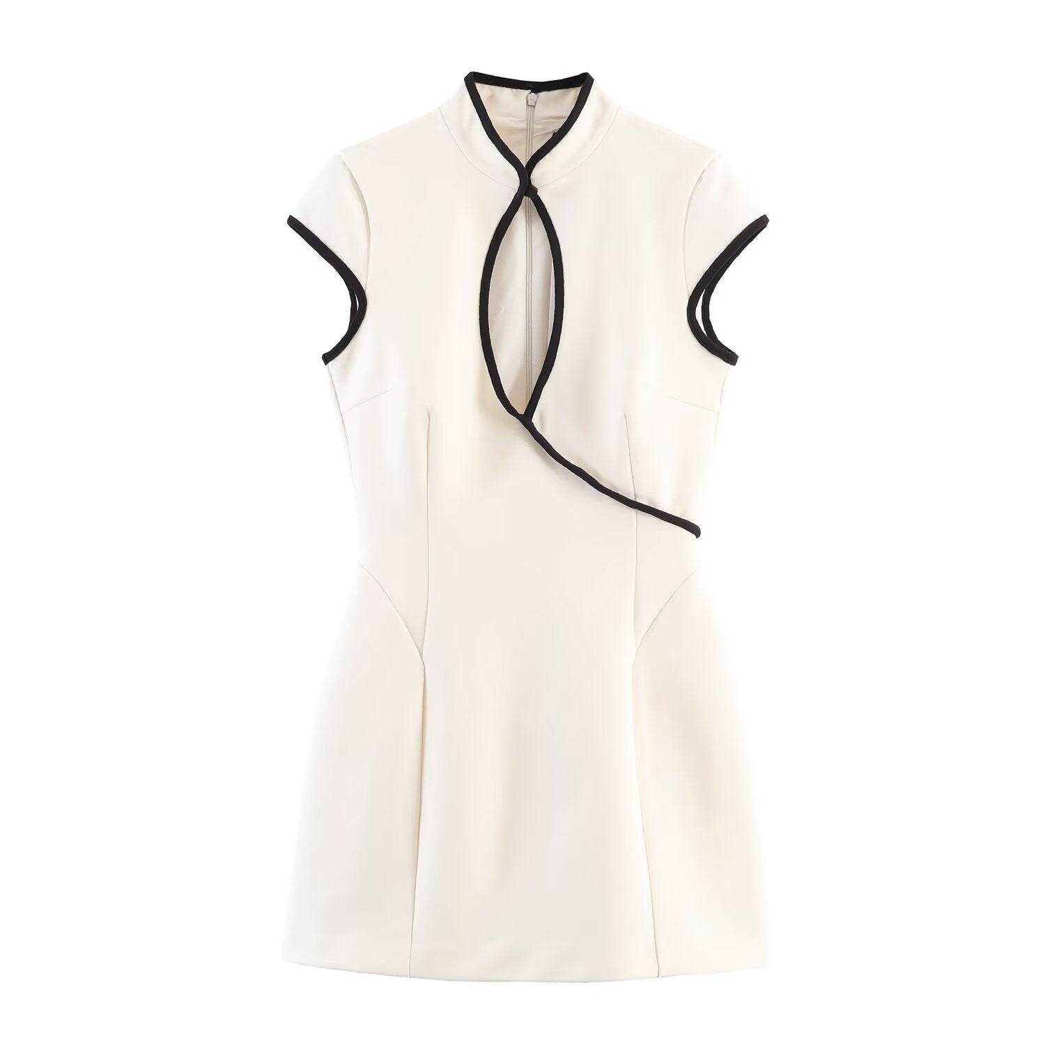 Front flat view white contrast black piping mandarin collar hollow keyhole cutout neck sleeveless high waist slim flared hem cheongsam mini dress, elegant chic party dress

