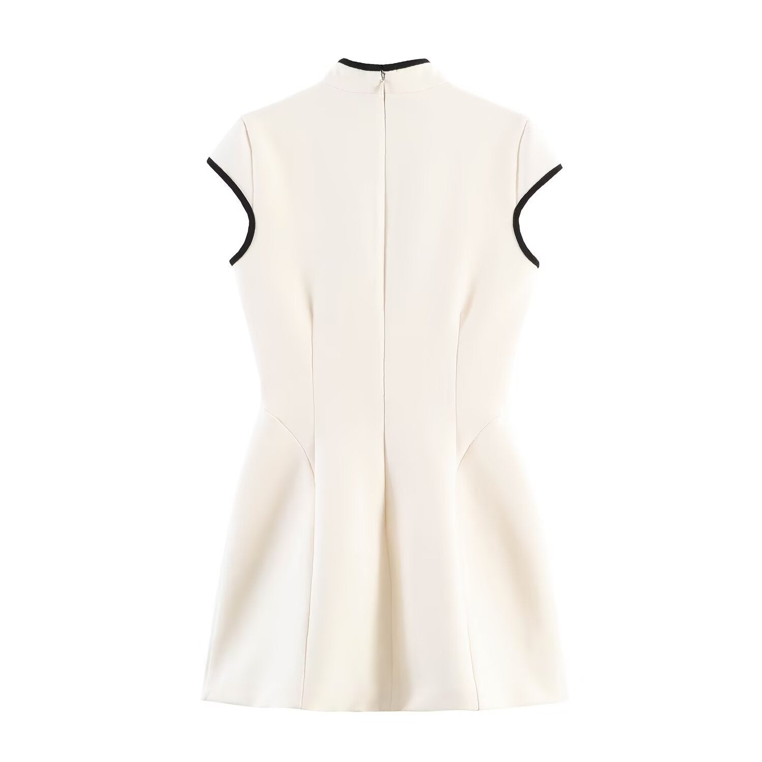 Women white contrast black piping mandarin collar sleeveless back zip high waist flared hem mini dress, elegant chic chinese cheongsam style party dress