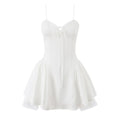 White corset bow mini dress, front view on white background