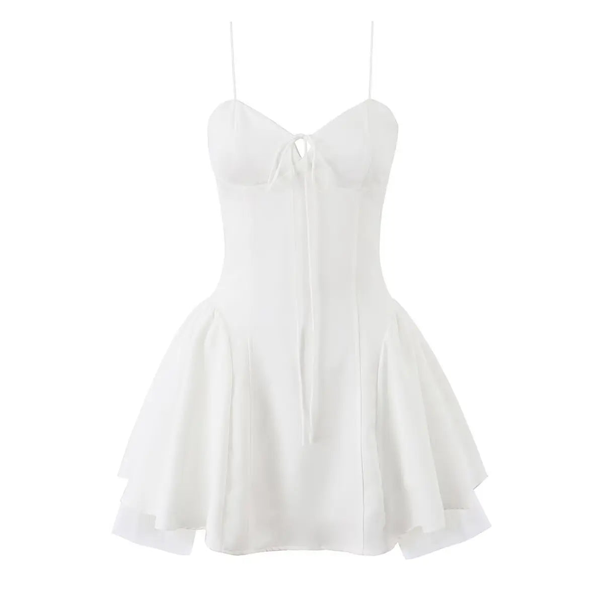 White corset bow mini dress, front view on white background