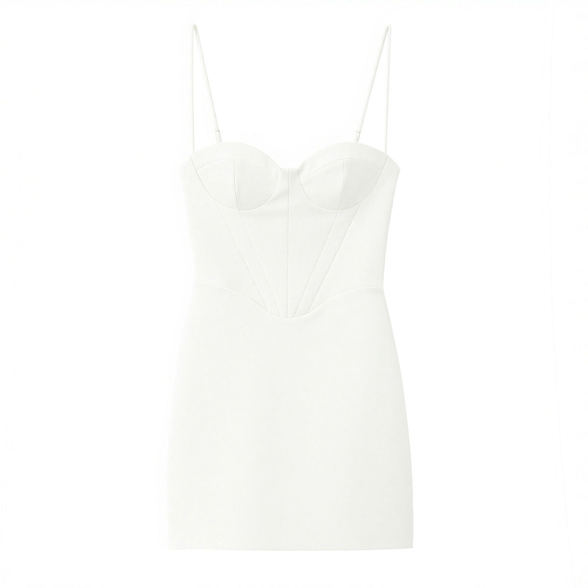 Front flat view white solid color underwire corset bust vertical seam spaghetti strap sweetheart neck bodycon mini dress, chic luxury party dress