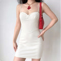 Full front model wear view white corset bust underwire vertical seam spaghetti strap sweetheart neck high waist bodycon mini dress, elegant chic party club outfit