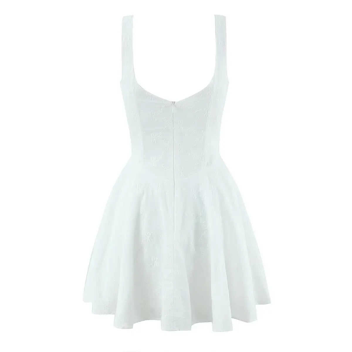 White corset sleeveless mini dress, back view on white background