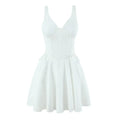 White corset sleeveless mini dress, front view on white background