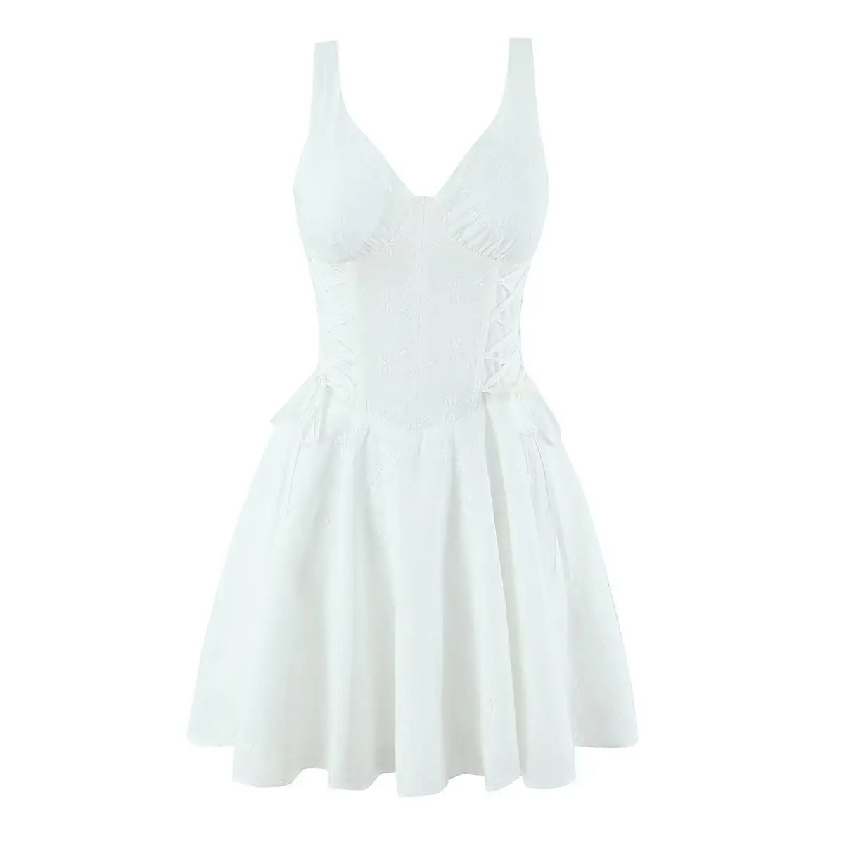White corset sleeveless mini dress, front view on white background