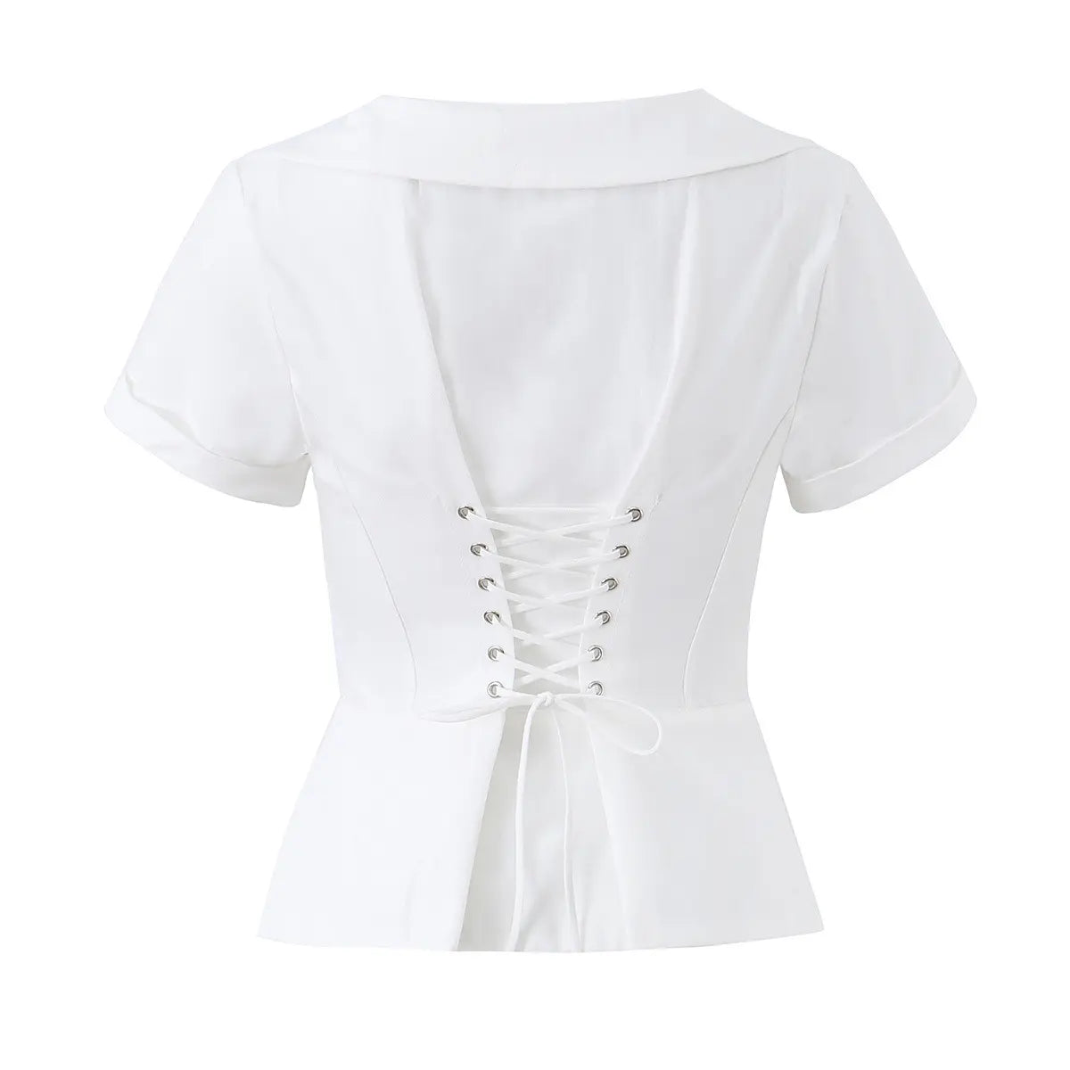 White corset-style short-sleeve top, back view on hanger, white background