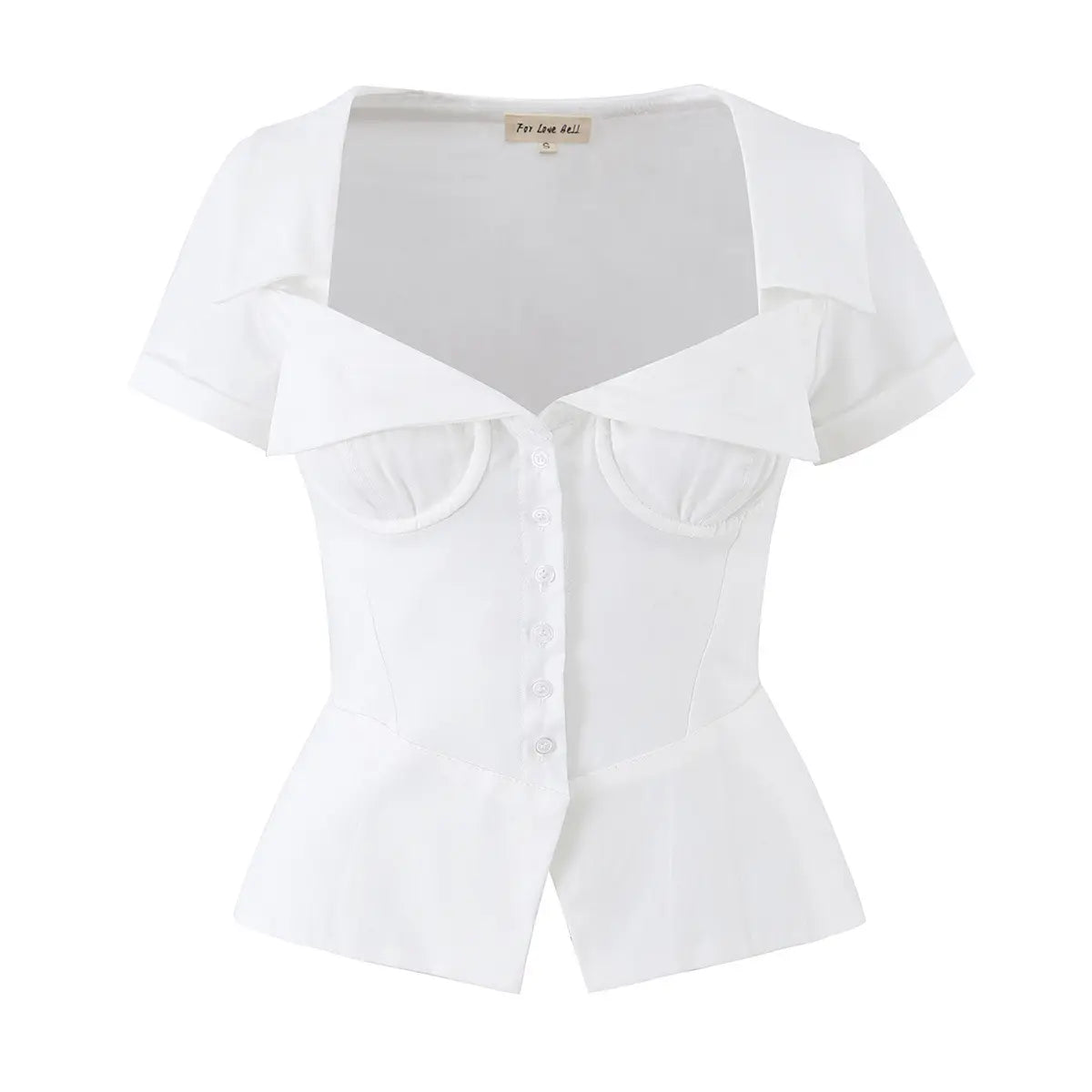 White corset-style short-sleeve top, front view on hanger, white background