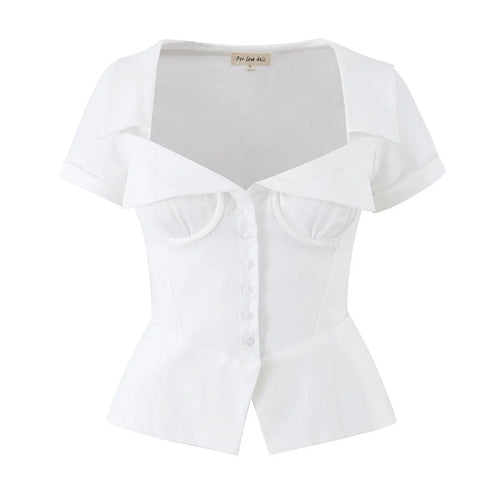 White corset-style short-sleeve top, front view on hanger, white background