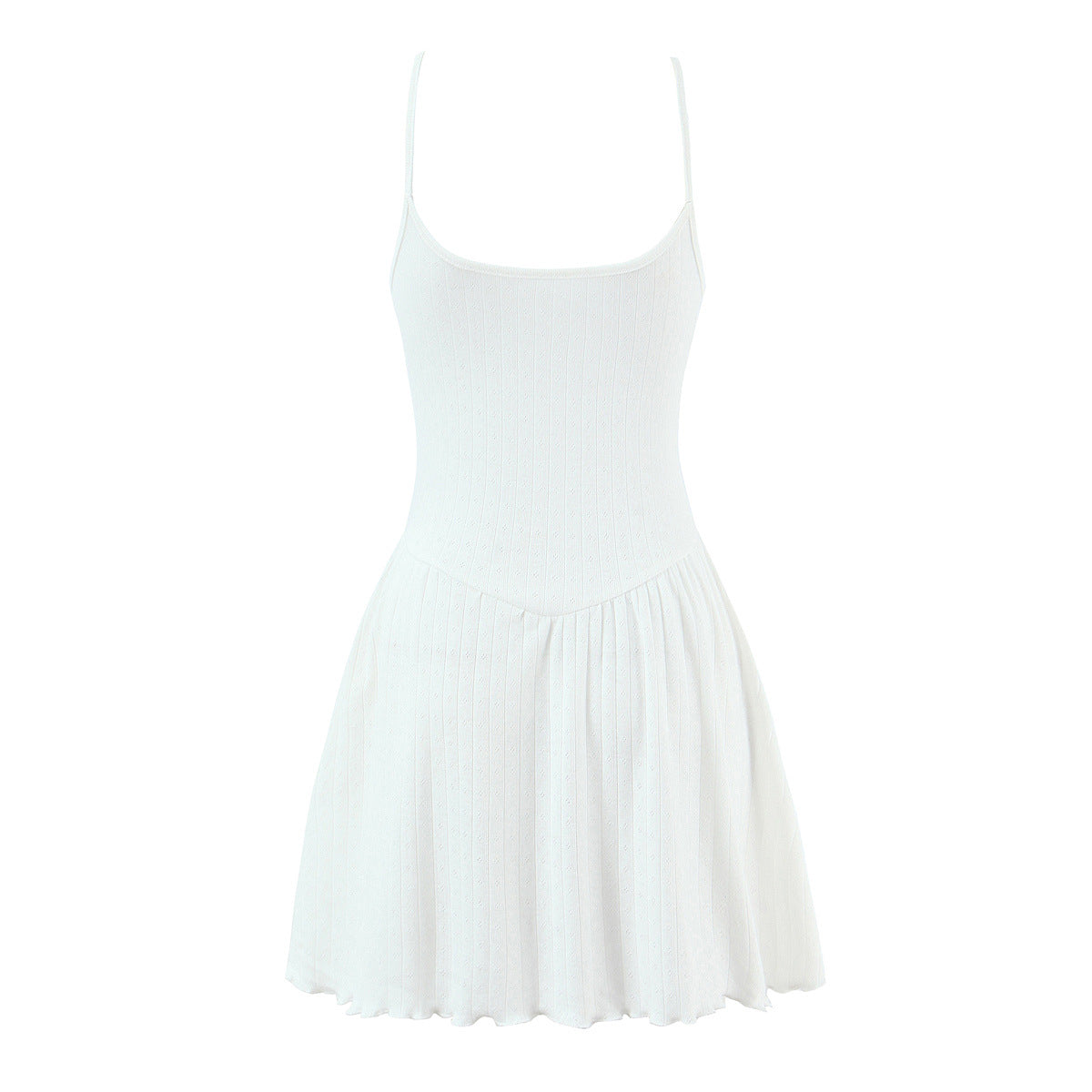 Back flat view white cotton knit eyelet hollow spaghetti strap high waist flared wavy hem mini sundress, elegant sweet casual dress